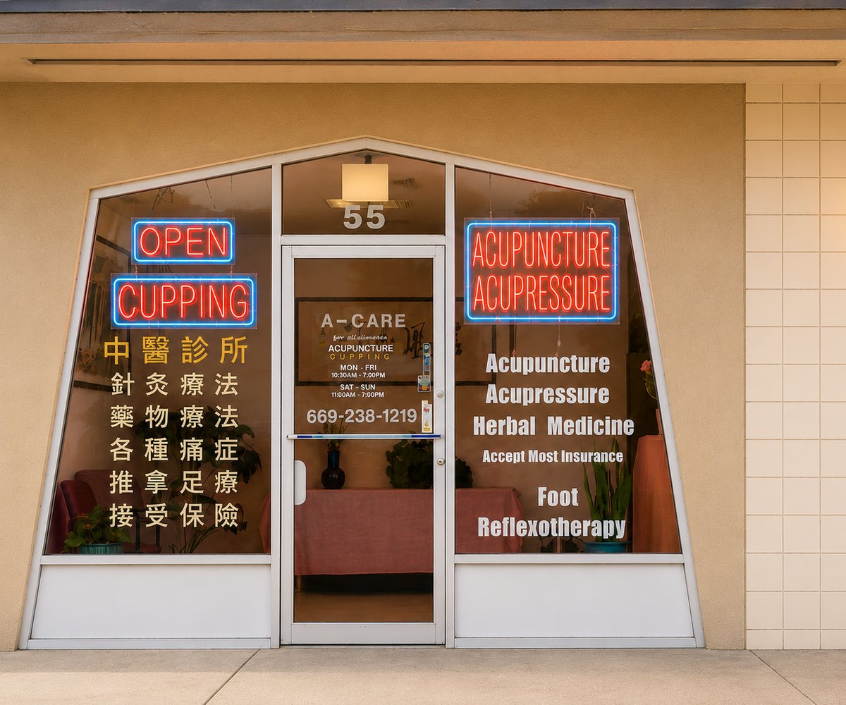 The A-Care storefront at unit 55 in Milpitas: a glass shopfront with neon Open, Cupping and Acupuncture signs, and services listed in English and Chinese.