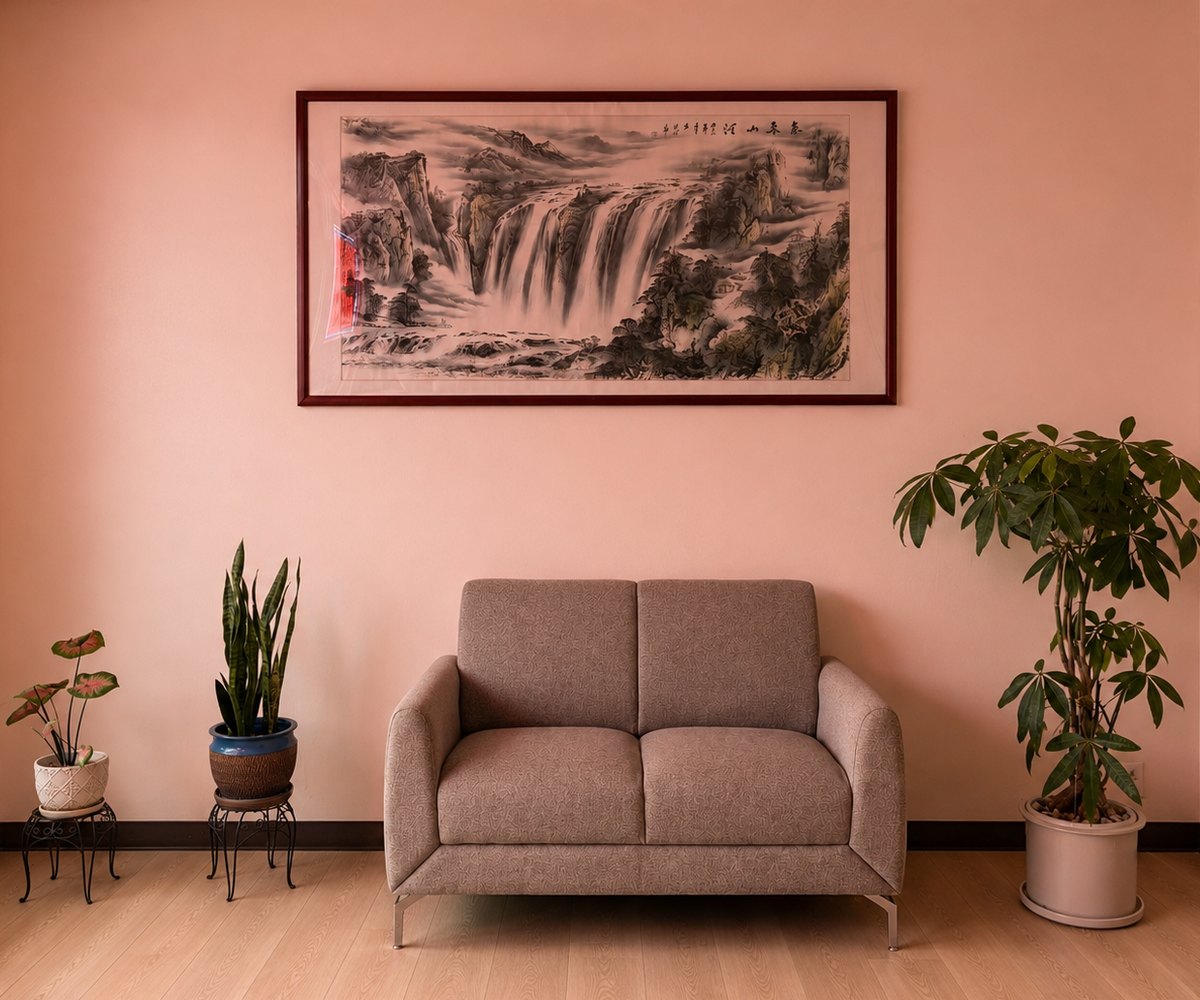 The A-Care waiting room: a small sofa under a framed Chinese ink landscape, with potted plants along the front window.
